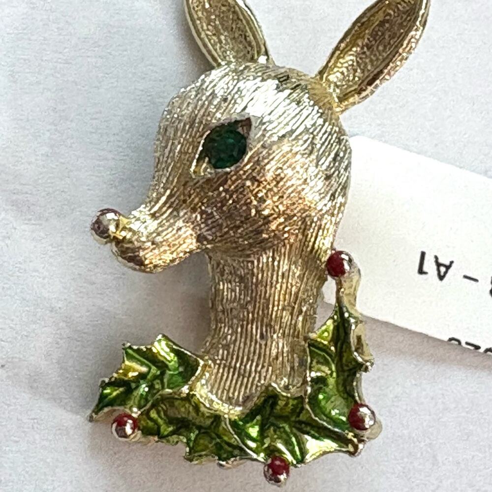 Vintage Gerry Reindeer Head Brooch Christmas Gold Tone Reindeer Signed